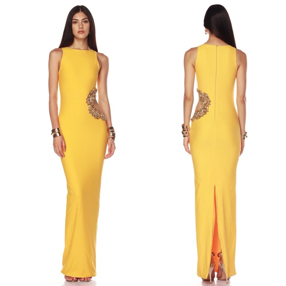 Bronx and Banco Camila Yellow Rhinestone Cutout Maxi Dress NEW with tags - Picture 2 of 11
